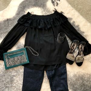 Black chiffon off-the-shoulder blouse w/ lace NWT